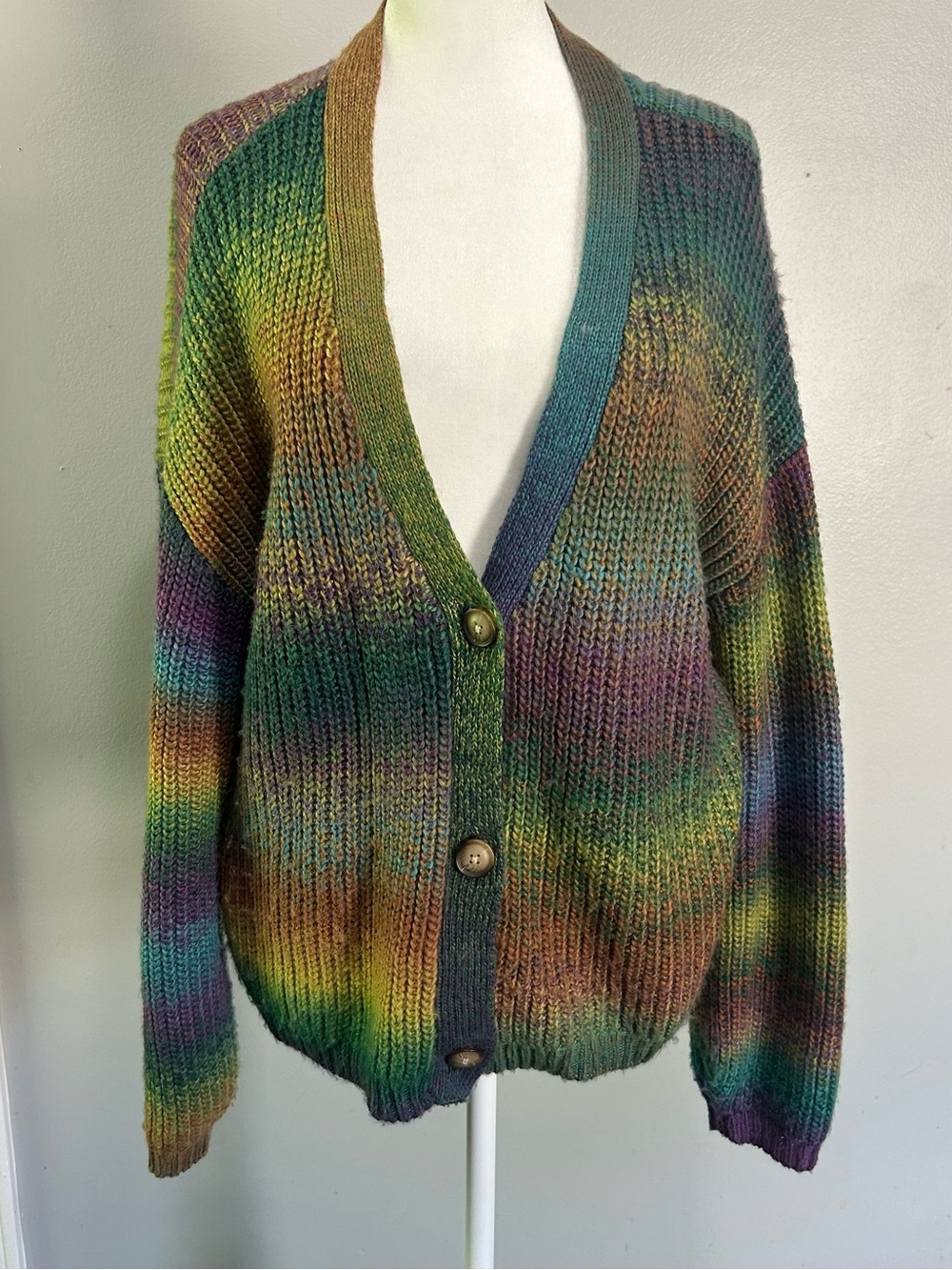Multicolor Gradient Knit Button-Front Women’s Cardigan Sweater SOFT Relaxed XL